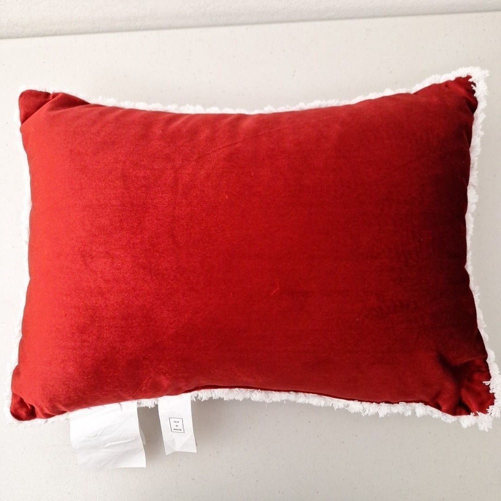 Silky Red Velvet Merry Christmas Pillow Stitched Script w/ Fringe 18" x 14" - Picture 5 of 11
